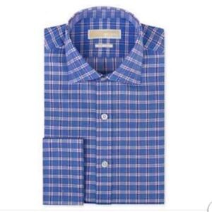 Michael Kors Blue Plaid  Button Down Non Iron Shirt 16 1/2 36/37 French Cuff Sle